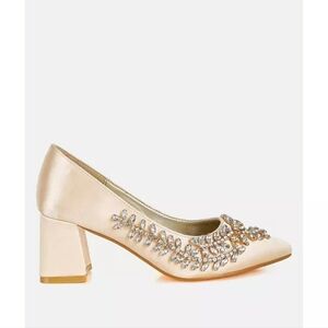 New Embellished Champagne Satin Block Heel Pumps, Size 9 London Rag From Macys